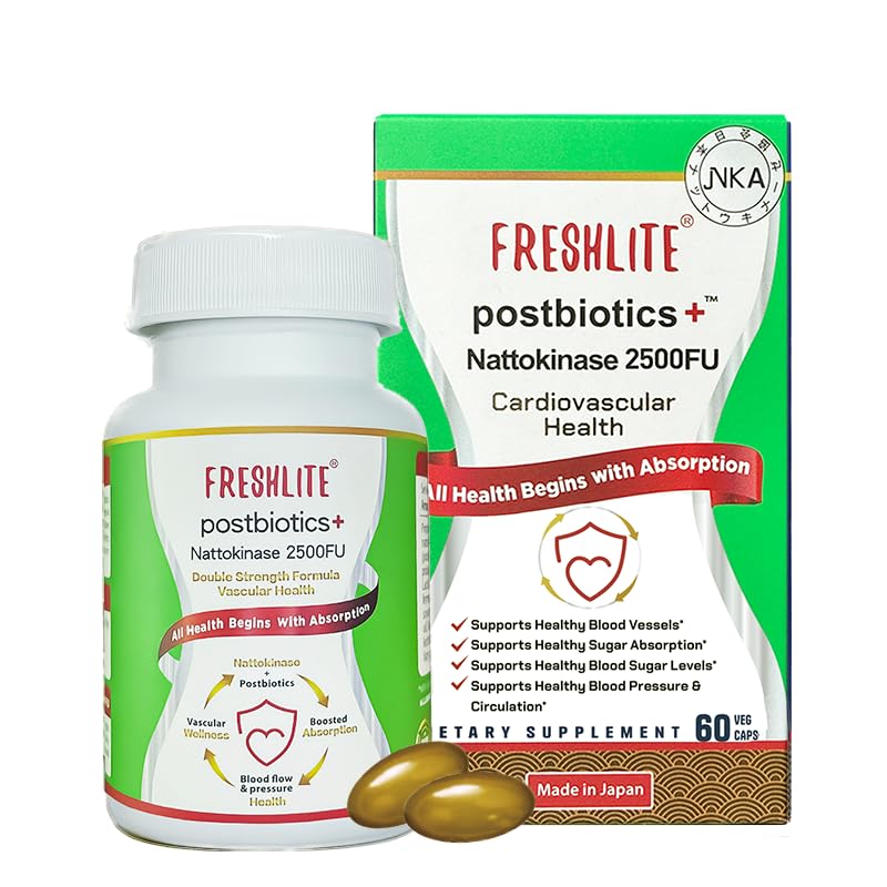 FRESHLITE 2500FU Premium NSK-SD Nattokinase & Vegan Postbiotika för kardiovaskulärt stöd | Blodtryck, kolesterol & hjärthälsa | JNKA Certified | Icke-GMO, Gluten-Free, 60 kapslar Japan Made