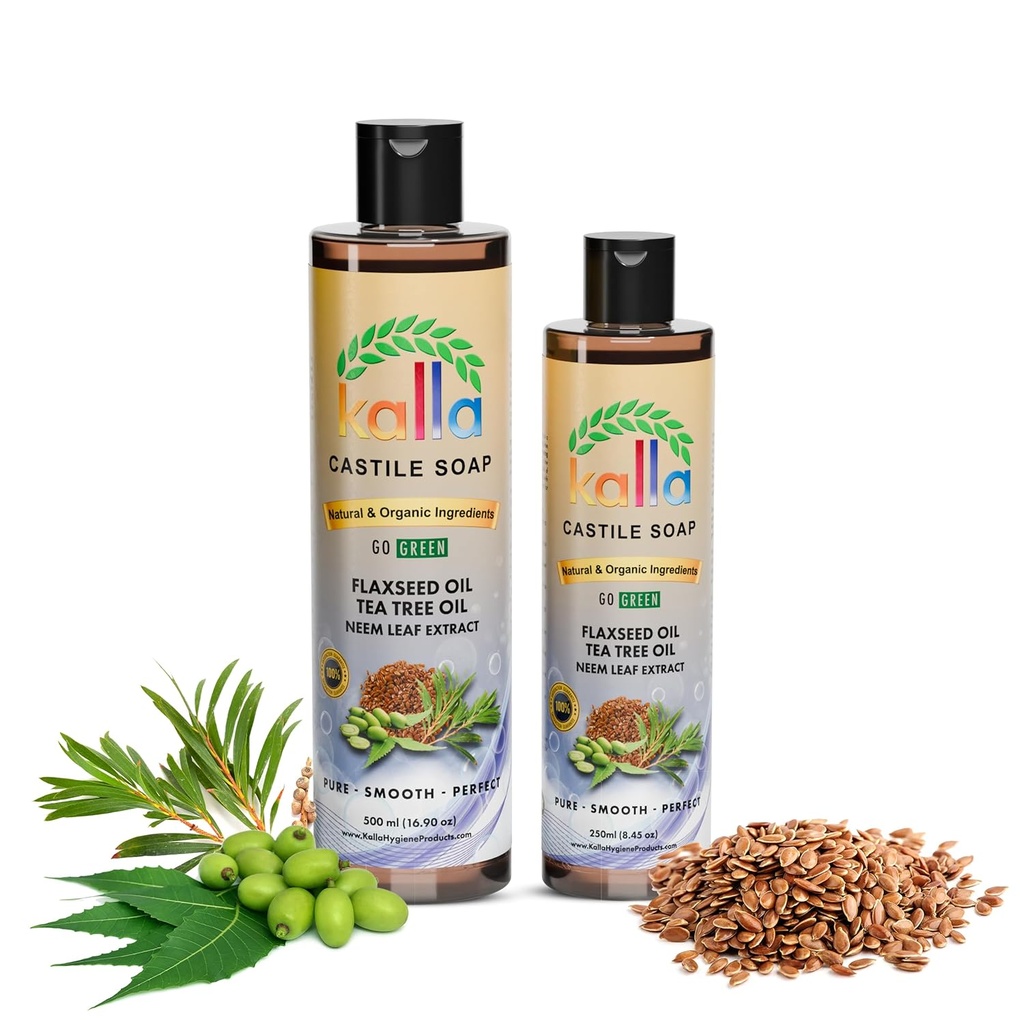 Kalla Organic Flaxseed Castile tvål100% Pure Castile Liquid Soap Neem blad Extract-250ml, Certified Cold Pressed Virgin Coconut Oil, Tea Tree väsentlig Castile Gluten Free Hand