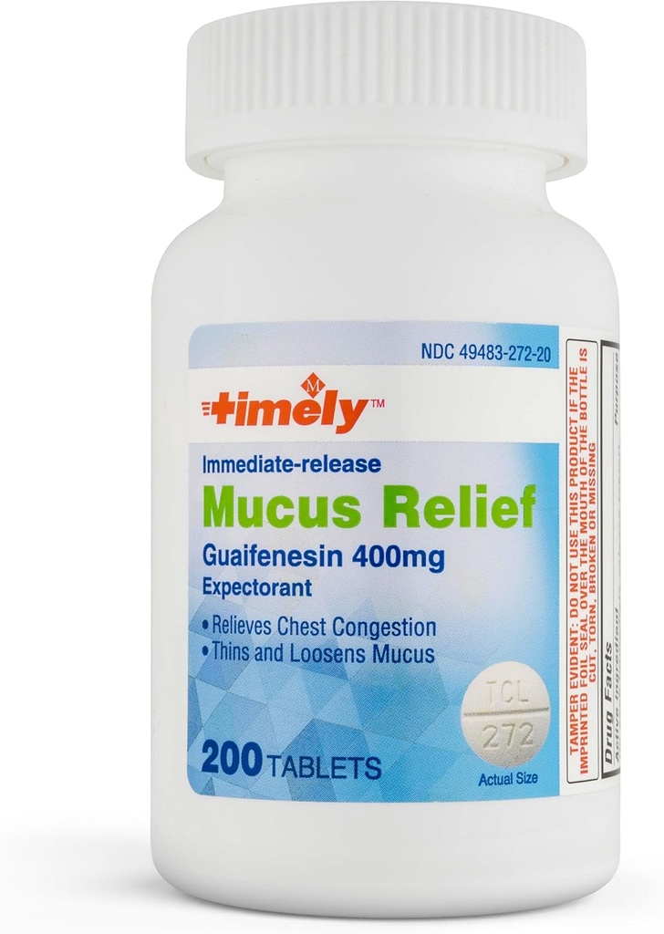 TIME-CAP LABS, INC. Timely Mucus Relief Guaifenesin 400mg 200 tabletter - omedelbar frisättning av Mucus Phlegm Relief - Expectorant for Mucus Removal, Chest Congestion, Flu, Colds, Allergies