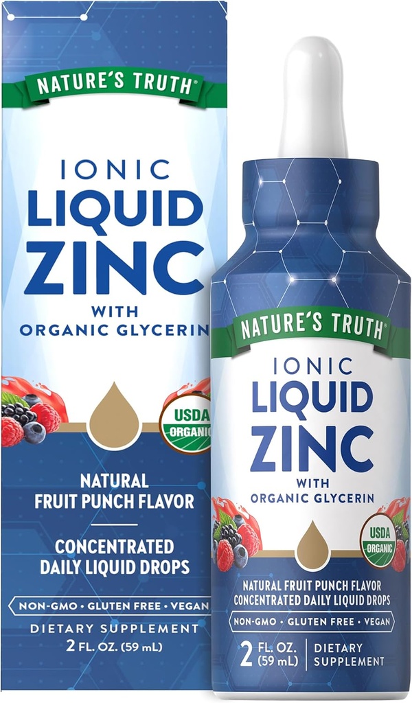 Naturens sanning Ionic Liquid Zink Supplement | 2 fl oz | med organisk glycerin | USDA Organic | Vegan, icke-GMO & Gluten Free