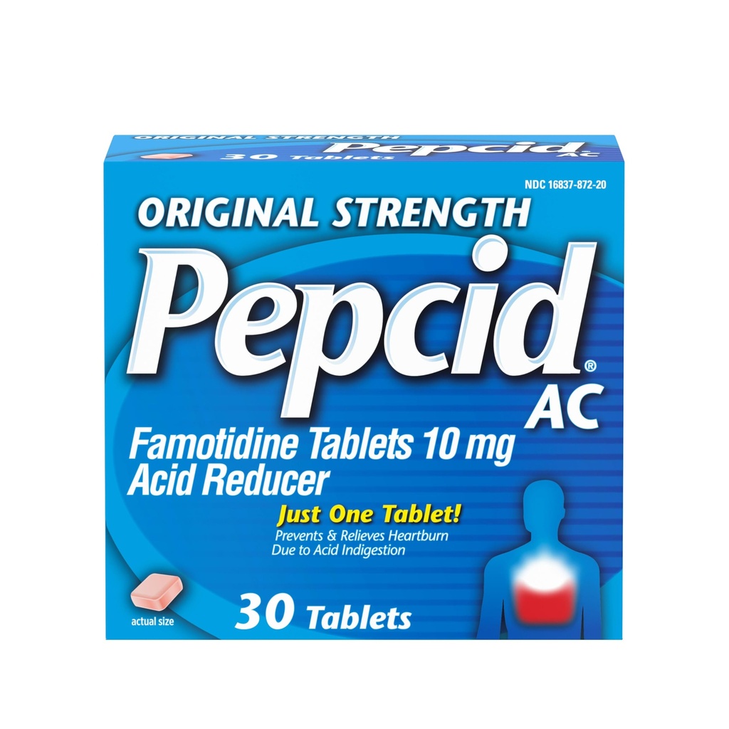 Pepcid AC Original Strength Heartburn Relief Tablets, OTC Medicine Prevents & Relieves Heartburn & Acid Reflux På grund av syra Indigestion, 10mg Famotidine Acid Reducer, Fast-Acting, 30 ct