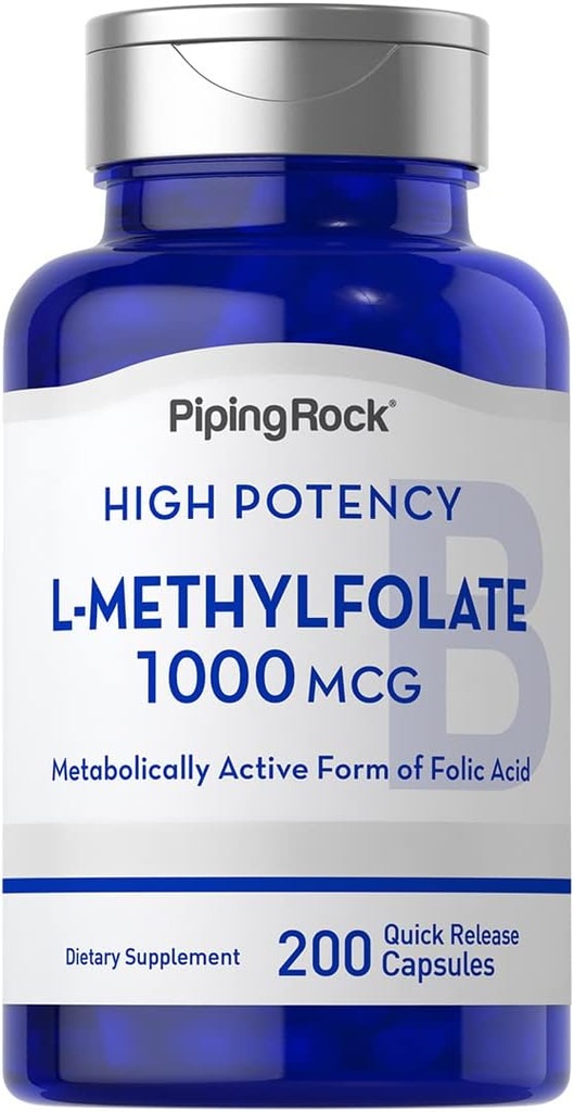 Piping Rock L Methylfolate Supplement | 1000 mcg | 200 kapslar | Aktiv form av folsyra | Non-GMO, Gluten Free