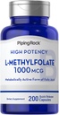 Piping Rock L Methylfolate Supplement | 1000 mcg | 200 kapslar | Aktiv form av folsyra | Non-GMO, Gluten Free