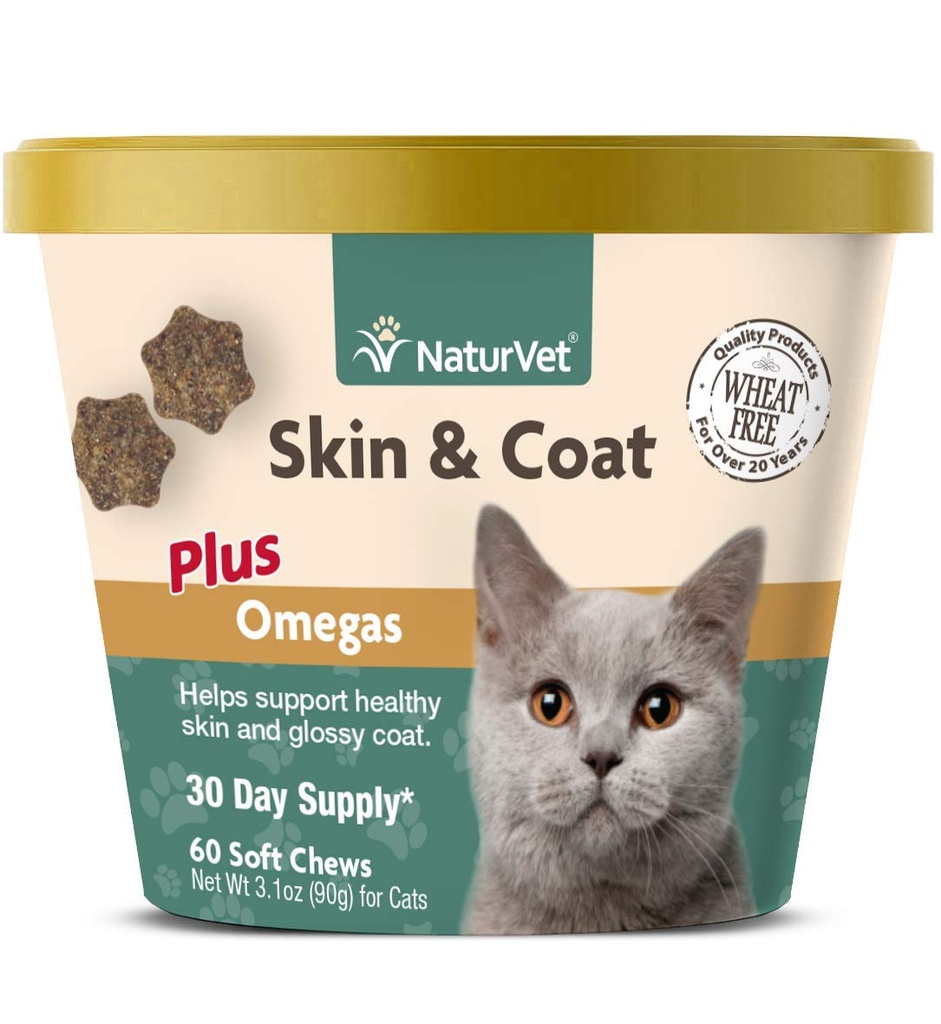 NaturVet - Hud & Coat Plus Omegas för katter - 60 mjuka chews | Stöder hälsosam hud & glansig päls | Förbättrad med Omega-3, Omega-6 & Biotin | 30 dagars leverans
