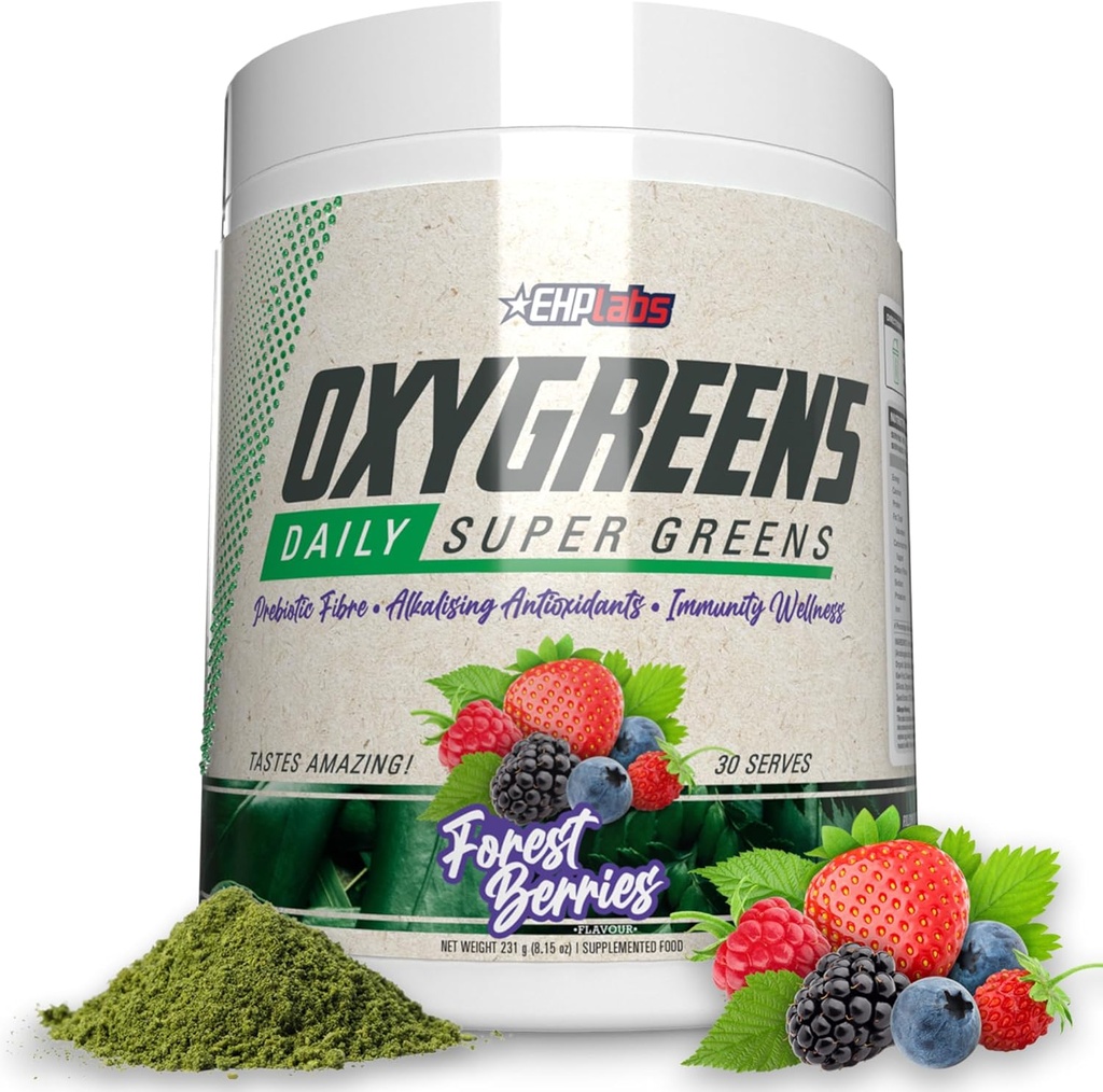 EHP Labs OxyGreens Super Greens Powder - Daily Greens & Superfood Supplement med Spirulina, Chlorella, Prebiotika, Digestive Enzymes, Antioxidanter - 30 portioner (Forest Berries)