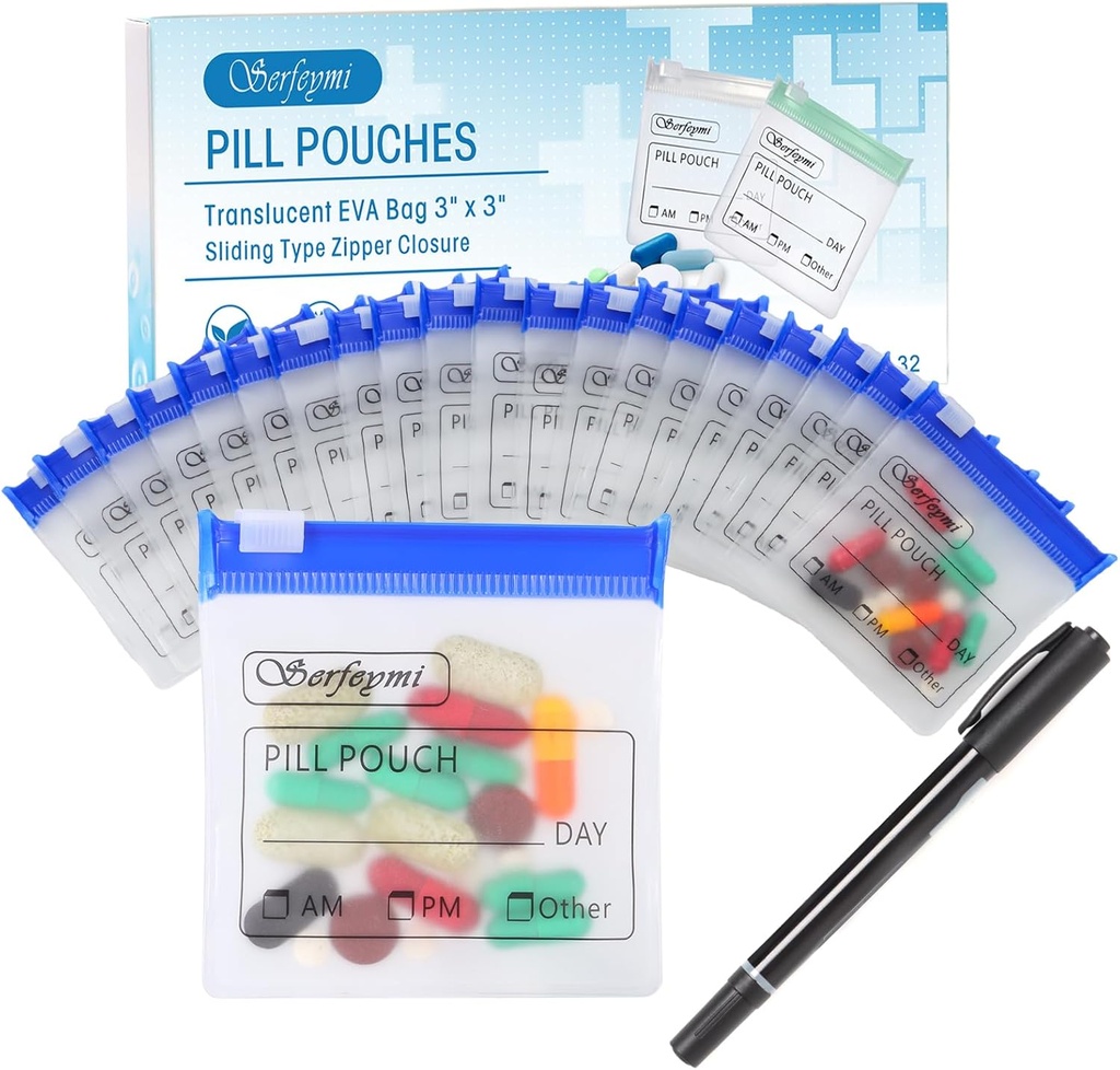 Serfeymi 32 Pcs Zippered Pill Pouches Organizer Plast Bags 3 X 3 Inches 12 mil Självsegling med Slide Lock Writable Label Translucent Travel Medicine Storage Bag Case och 1 Pc Marker-Blue