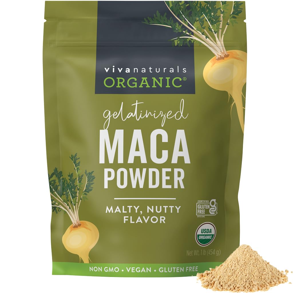 Viva Naturals Organic Maca Powder, Gelatinized, 16 oz (1 lb) - Vegan, USDA Organic, Gluten-Free, Non-GMO Peruvian Superfood i Återförsäljbar Bag