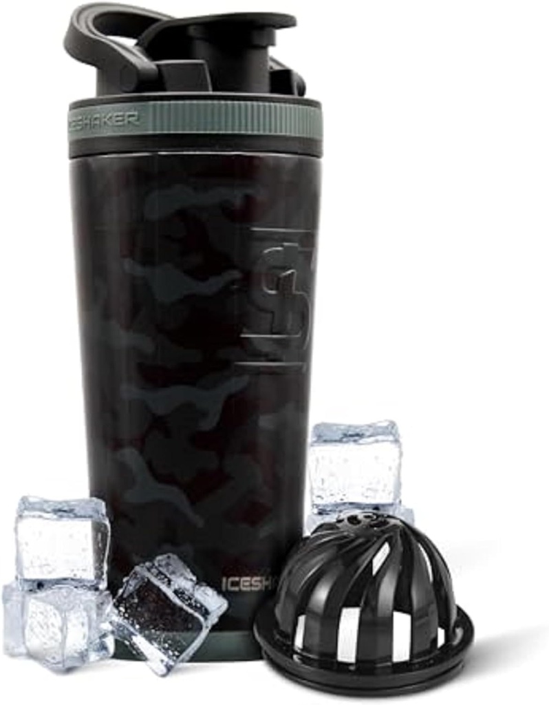 Ice Shaker Insulated Stainless Steel Shaker Bottle | 26oz, Black Camo | Kall för 30 + timmar | Insulated Cup med Twist-on Agitator | Odor-Free Bottle för Protein Shakes, Vatten, Smoothies, Cocktails
