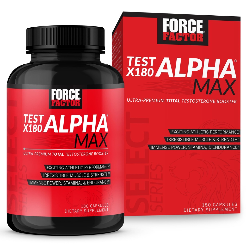FORCE FACTOR Test X180 Alpha Max Total Testosteron och Nitric Oxide Booster för män med Fenugreek Seed och Tribulus för att öka blodflödet och förbättra manlig atletisk prestanda, 180 kapslar