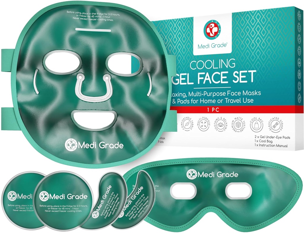 Medi Grade Cooling Ice Face Mask och Cooling Eye Mask för Puffy Eyes & Migraine Relief - Self Care Face Ice Pack med ChillGel Face Ice Mask Technology - Cooling Face Mask, Eye Pads och Bag