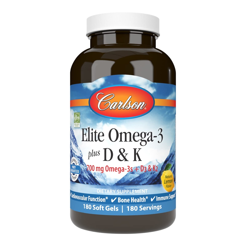 Carlson - Elite Omega-3 Plus D & K, 700 mg Omega-3s + D3 & K2, Funktion, Bone Health & Immune Support, Lemon, 180 Softgels