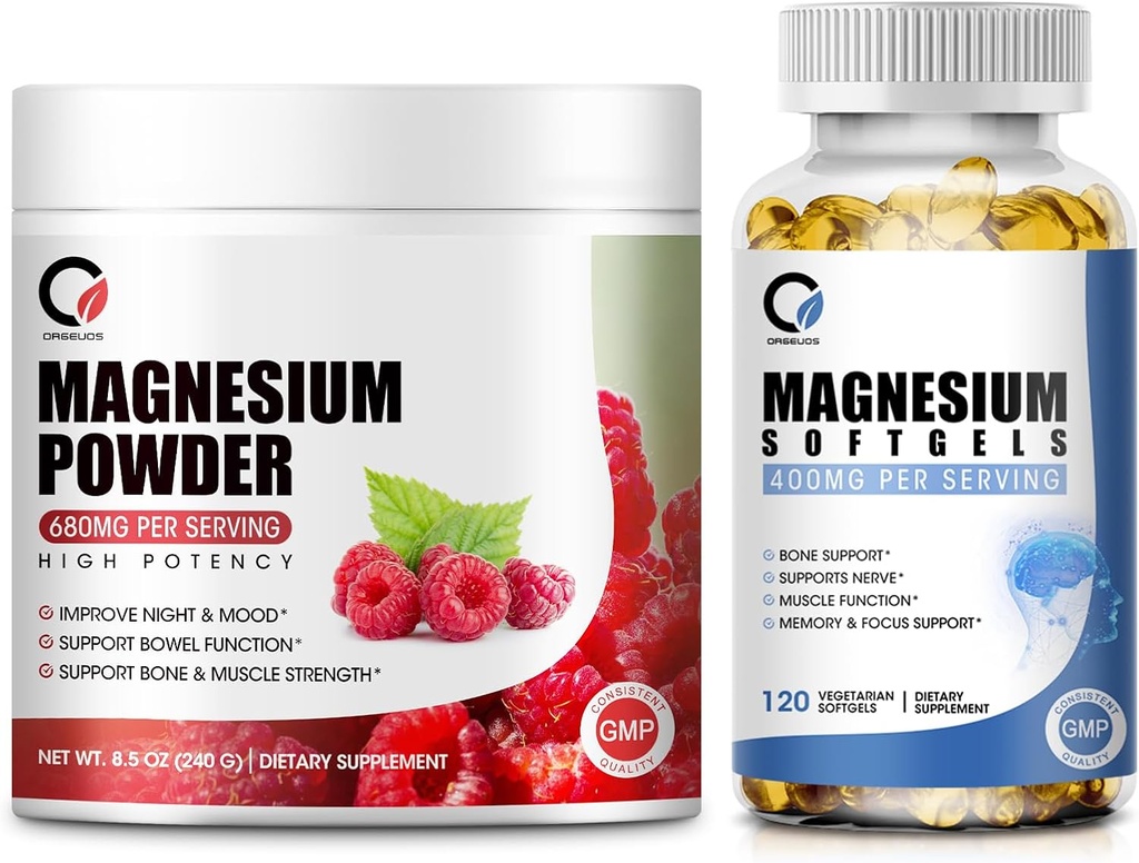 Magnesium Glycinate 400mg Softgels & 680mg Magnesium Glycinate Komplexpulver för lugn, natt och muskelstöd - Vegan, ingen GMO