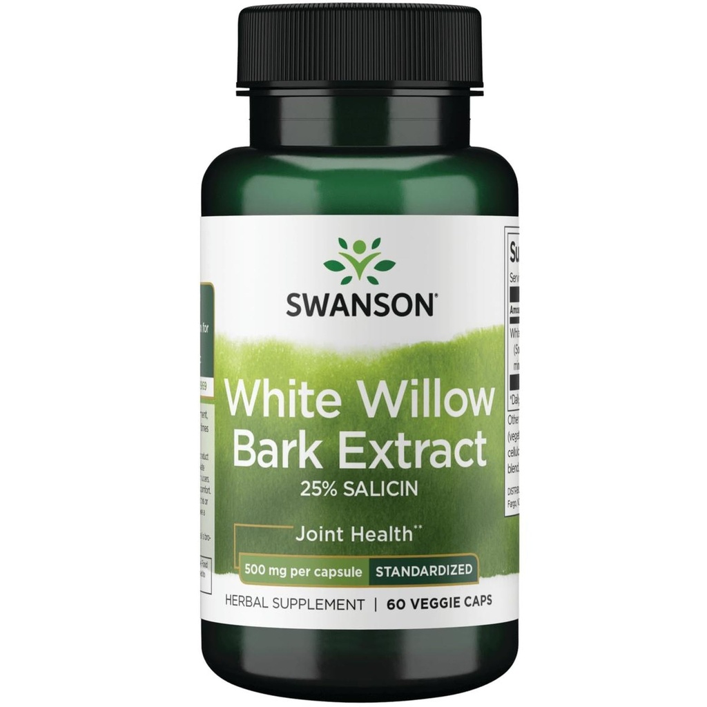 Swanson Maximum Strength White Willow Bark Extract-Promotes Joint Support & Muscle Relief-Standardized till 25% Salicin-Natural Supplement med No Stomach Irritation (60 Veggie Caps, 500mg Varje)