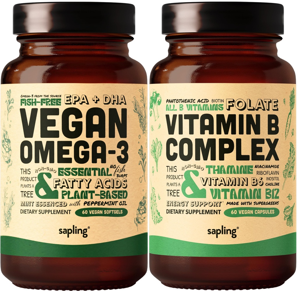 Vegan Omega 3 & Vegan Vitamin B Complex Bundle - Plant-Based DHA & EPA Fatty Acids, Essential B Vitaminer med Whole Food Blend, B1, B2, B3, B5, B6, B7, Folate