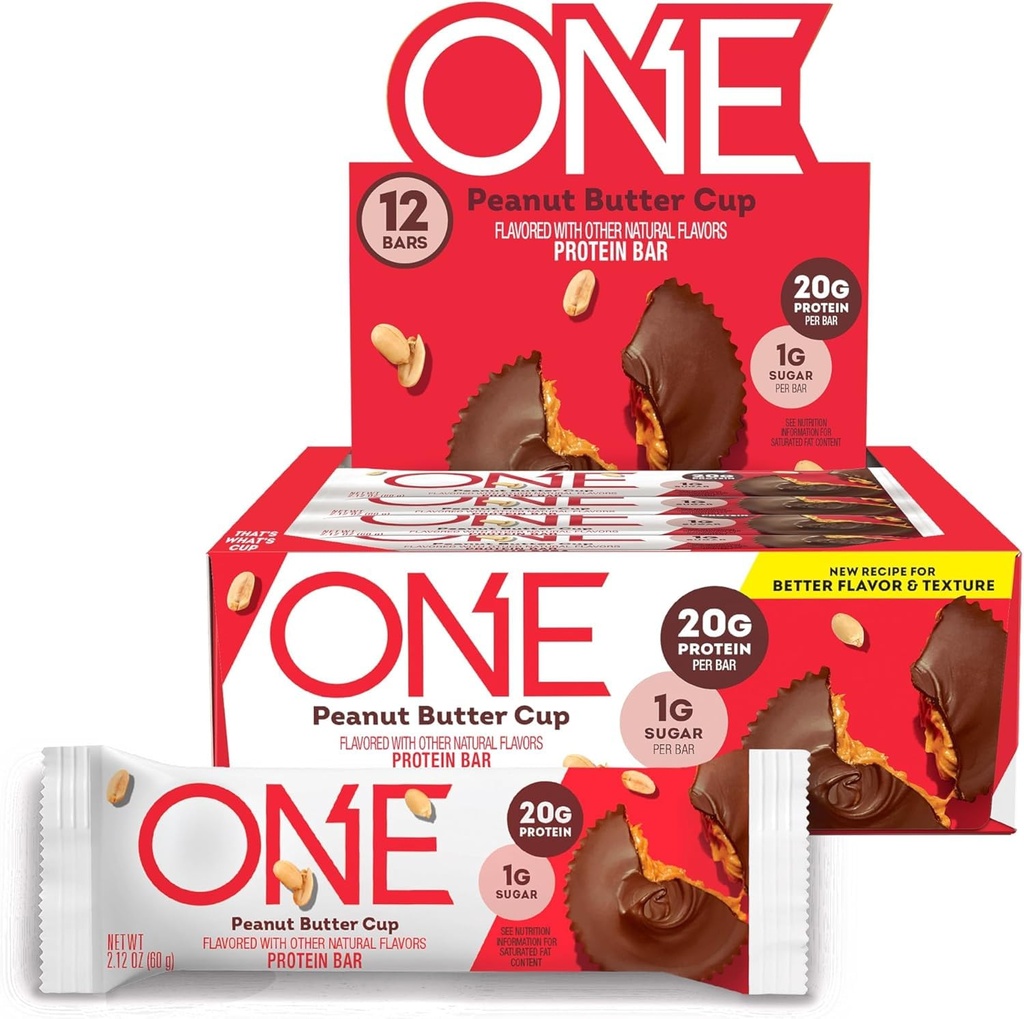 ONE Protein Bars, Peanut Butter Cup, Gluten Free med 20g Protein och 1g Sugar, Pantry Staples, 2,12 oz (12 greve)