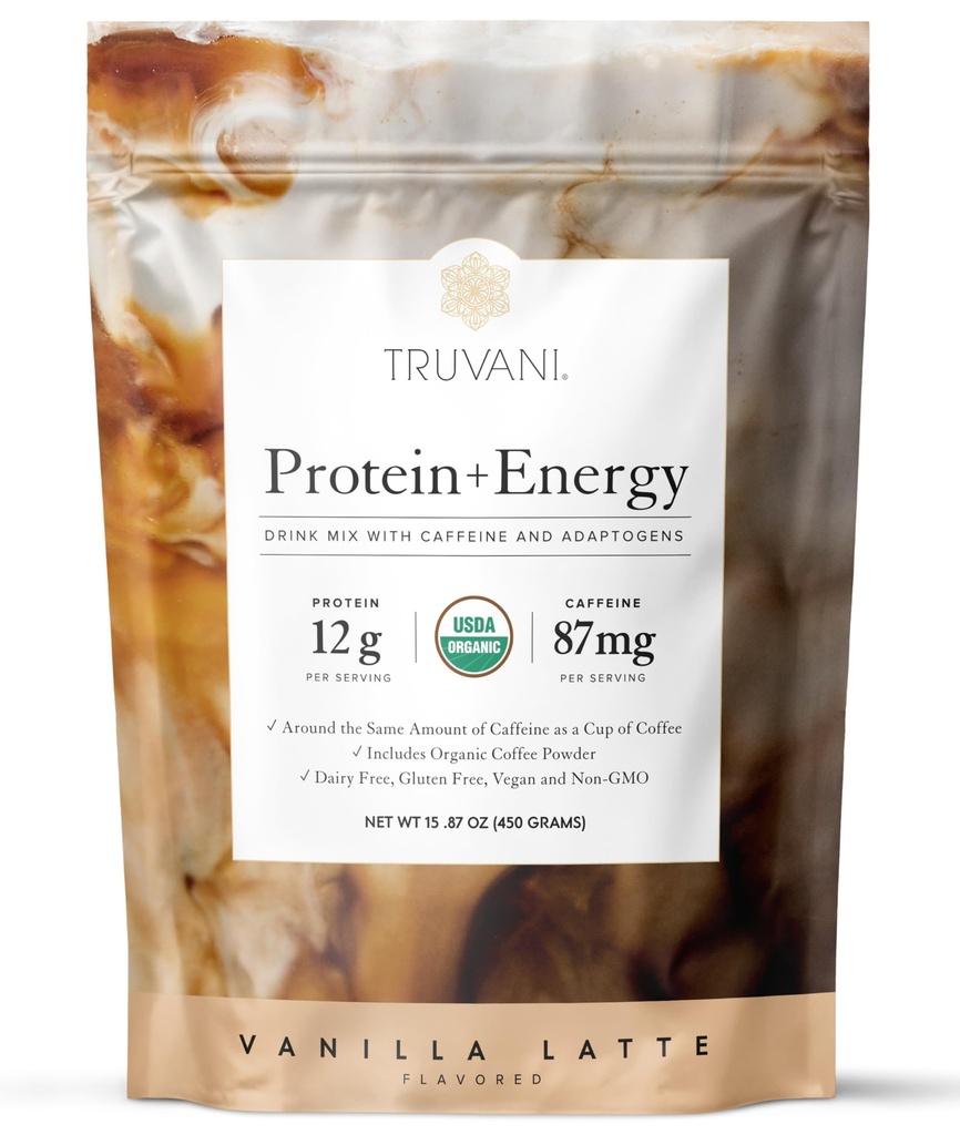 Truvani Protein + Energy Drink Mix with 87mg Caffeine | Vanilla Latte | 12g Organic Plant Based Protein | 20 Servings | USDA Organic Coffee Powder & Adaptogens | Gluten & Dairy Free | Vegan | Non-GMO