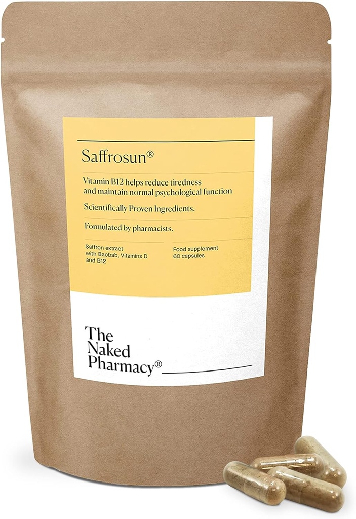NAKED PHARMACY | Saffrosun | Natur Saffron Kosttillskott med vitamin B12 | Hög styrka | Trötthet & klimakteriet | Inga tillsatser | Vegan | 60 kapslar