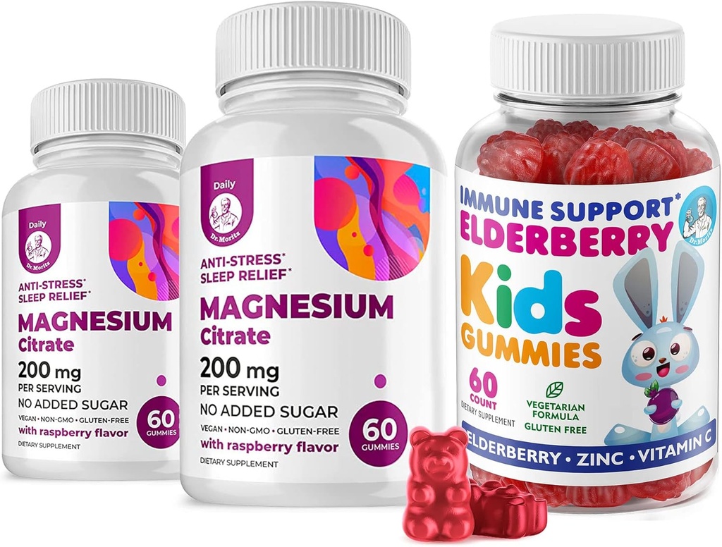 Elderberry Gummies for Kids and Magnesium 200 mg Gummies Sugar-Free - Healthy Immune System Booster and Health Support with Elderberries Extract with Magnesium Calm Chews for Kids & Adults Sugar-Free
