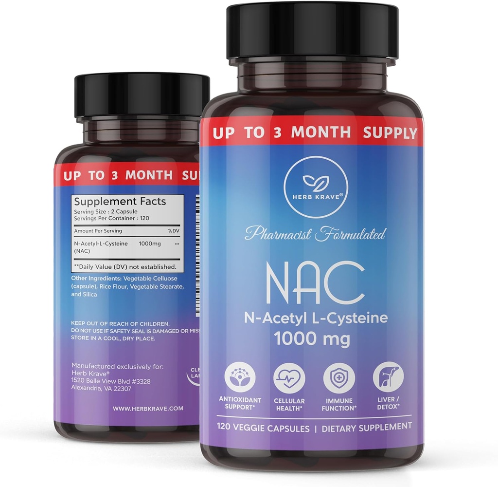 NAC Supplement N-Acetyl Cysteine 1000 mg, Amino Acid, Natural Antioxidant, Stöd för lever, Lung, Immune System, fertilitet | 120 N-Acetyl-L-Cysteine Capsule