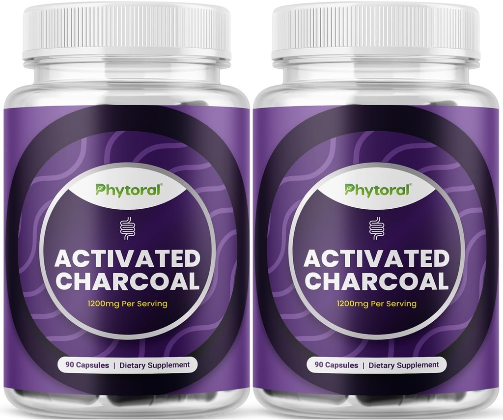 Aktiverade kolpiller Detox & Cleanse - Rena kokosnötkapslar med 1200 mg Per servering för uppblåst lindring - Aktiv avgiftning Supplement för kropp och tarmhälsa - 90 greve - 2 Pack