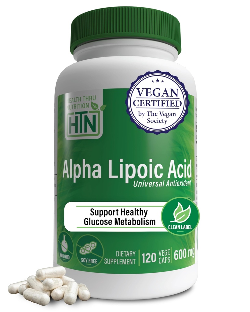 Health Thru Nutrition Alpha Lipoic Acid 600mg 120 portioner | Certified Vegan | Universal Antioxidant | Non-GMO, 3rd Party Tested, Hypoallergenic, Gluten Free, Soy Free ALA Capsules