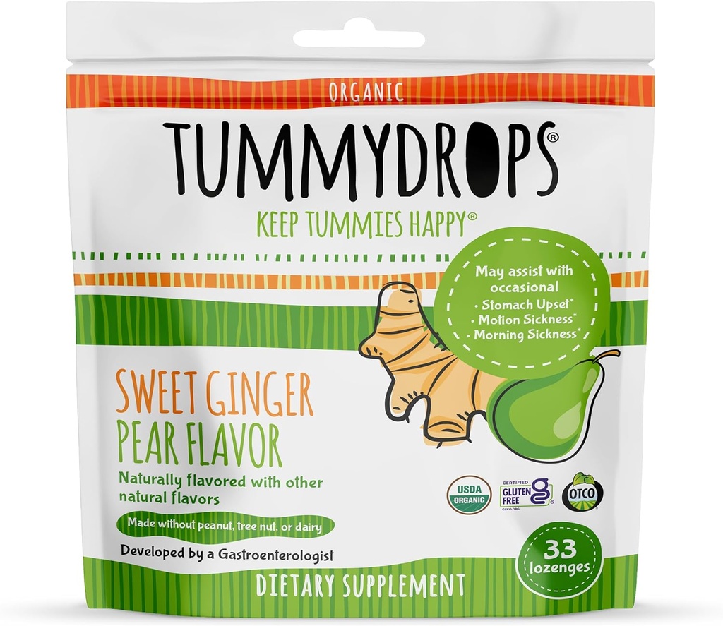 USDA Organic Sweet Ginger Pear Tummydrops, Gluten Free & Vegan. 33 Individuellt inslagna organiska Ginger Lozenges i en återförsäljbar väska.