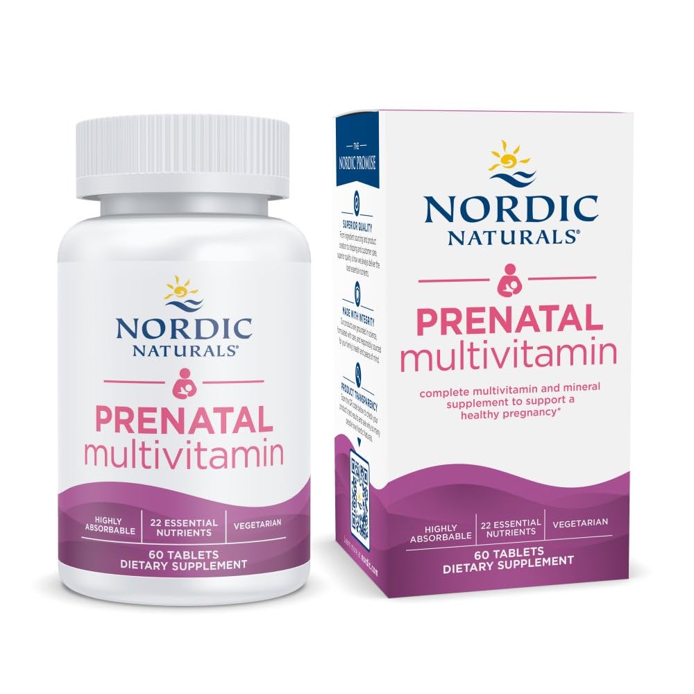Nordic Naturals Prenatal Multivitamin för kvinnor - Dagliga vegetariska prenatala vitaminer - 22 viktiga näringsämnen, inklusive B6, folat och järn - 60 tabletter - 30 portioner