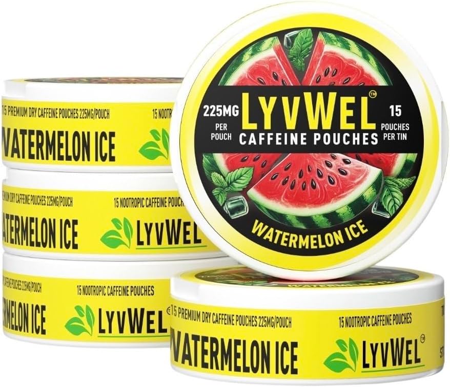 LyvWel 225mg koffein energipåsar - Watermelon Ice 5-pack (75 påsar) - Uppfriskande energi och fokus - Guarana-Enhanced Clean Boost för träning och slip