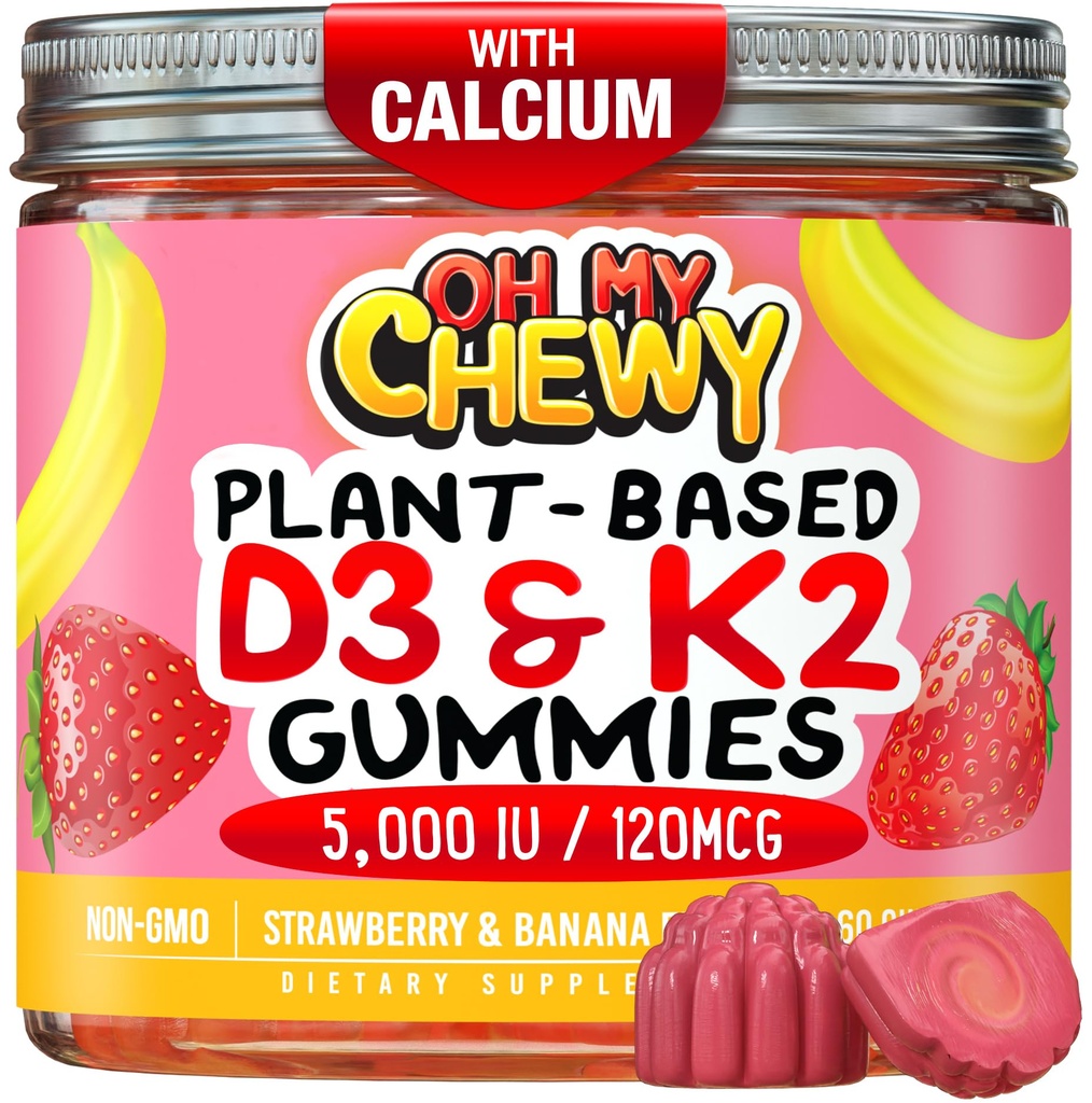 Center-Filled Vitamin D3 K2 Gummies - Barn, tonåringar och vuxna - Tillägg för hälsosam tänder, ben, energi och immunitet - 5000 IE D3, 120 mcg K2 (MK-7), 120 mg Calcium - Vegan & Non-GMO - 120 greve