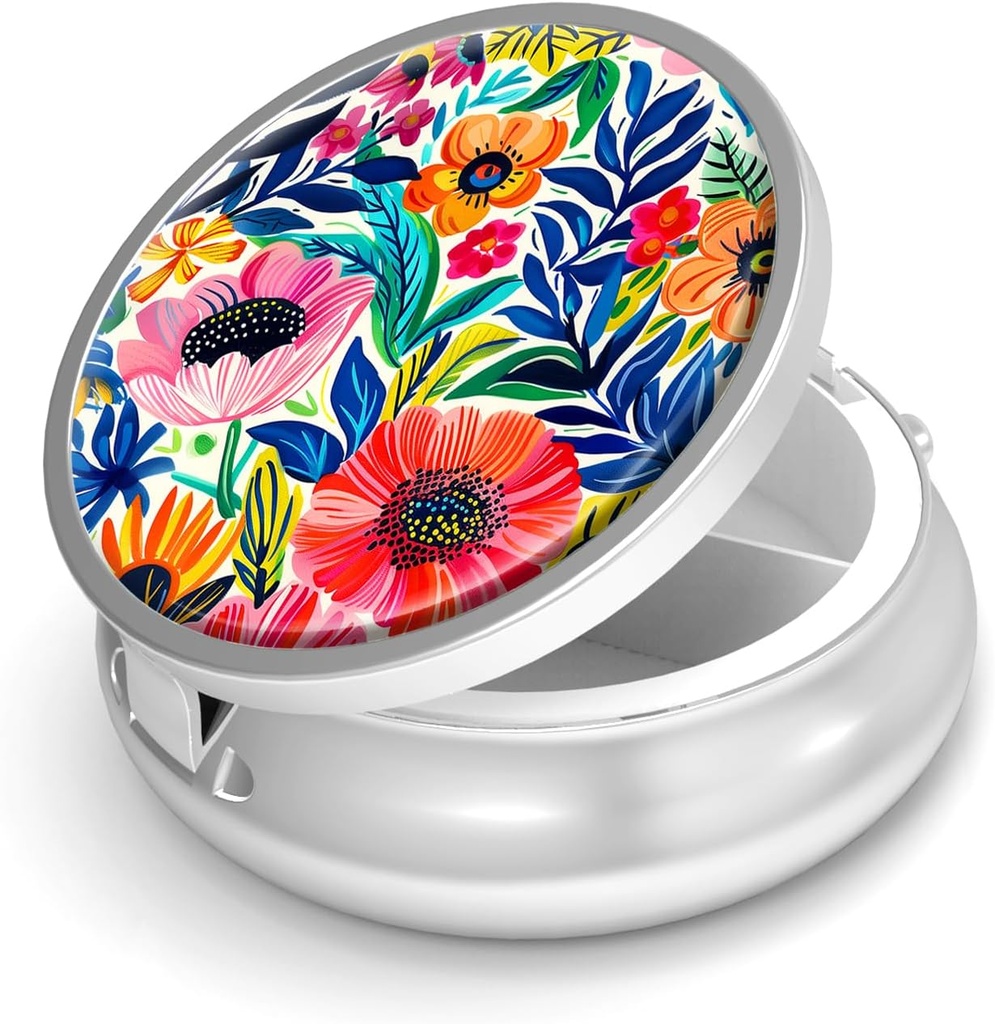 Pill Box-3 Compartment Small Pill Case för Purse & Pocket Mini Metal Pill Holder Travel Pill Container för att hålla tillägg Vitamins BPA-Free (Garden Flower)