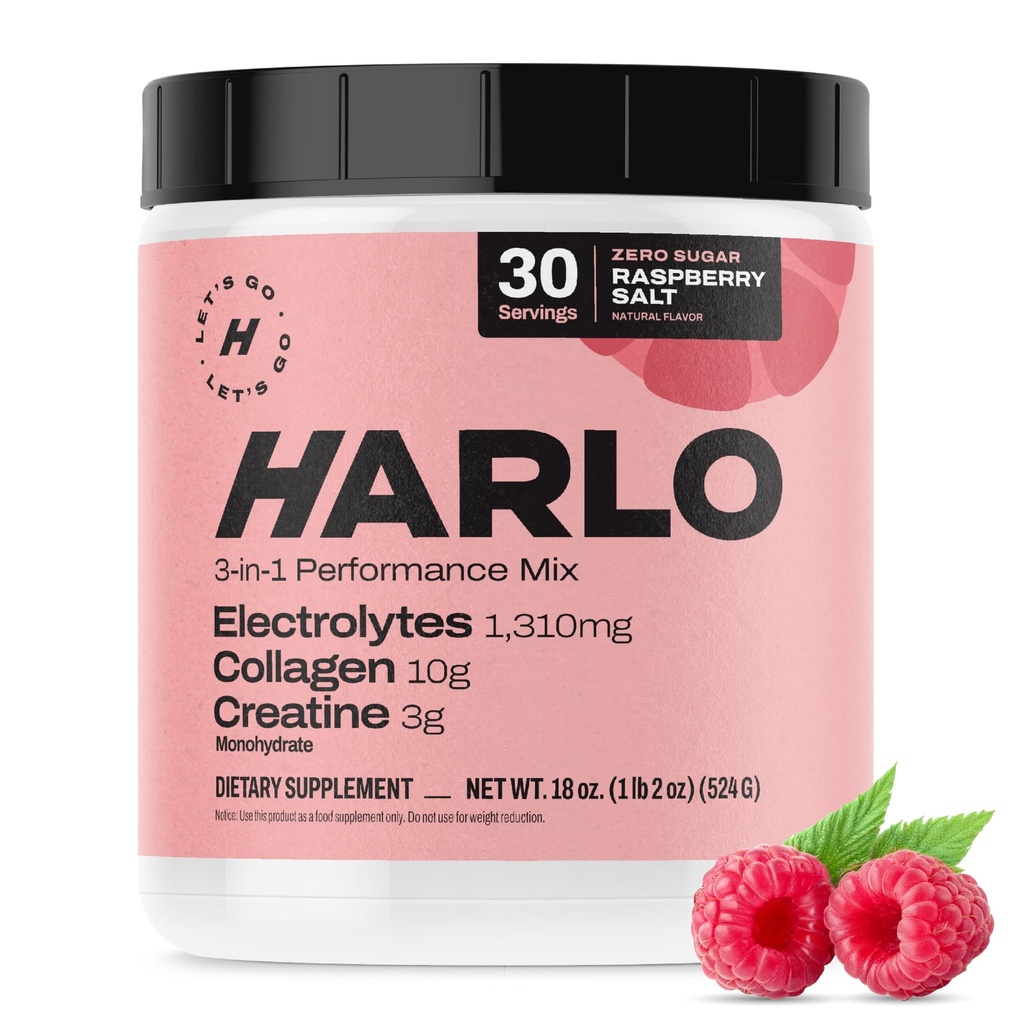 Harlo - Raspberry Salt Electrolyte Drink Mix med Bovine Collagen & Creatine-Kreatinmonohydratpulver - Energidryckspulver - Pre Workout Powder - Sugar Free Energy Drinks - Post Workout Recovery