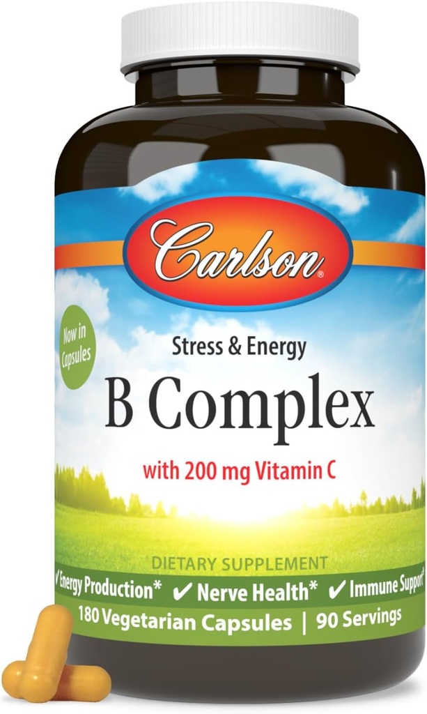 Carlson - B Complex Balanced B-vitaminer med vitamin C - Stress, energi och immun vitamin B-komplex för kvinnor och män - 180 vegetariska kapslar