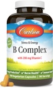 Carlson - B Complex Balanced B-vitaminer med vitamin C - Stress, energi och immun vitamin B-komplex för kvinnor och män - 180 vegetariska kapslar