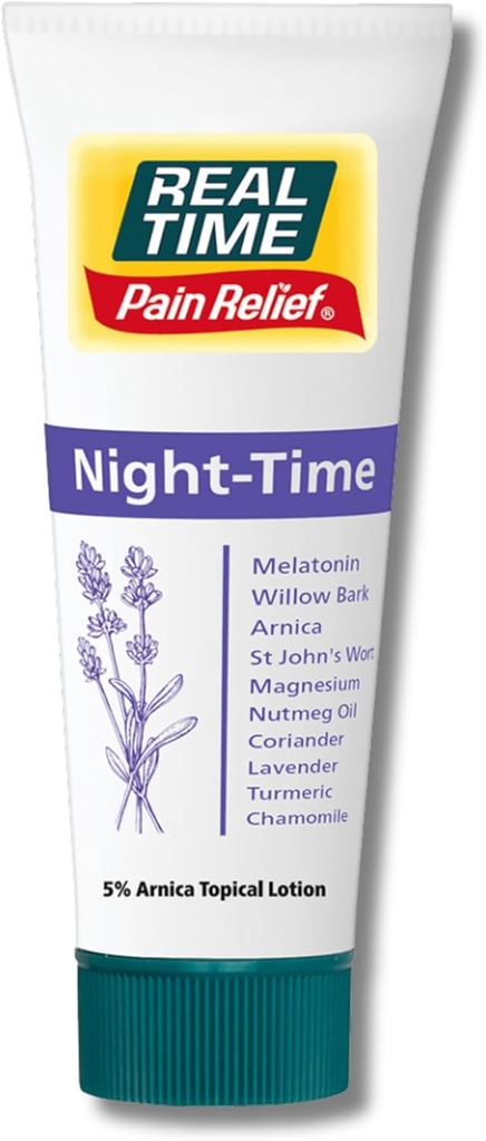 Real Time Pain Relief Night Time Cream 4oz Tube - 22 naturliga ingredienser: 5% Arnica, Melatonin & Lavender - Hjälper sömn och lättnader obehag i gemensamma, muskler, nerver, bakvärk, Bruises & Body Tension