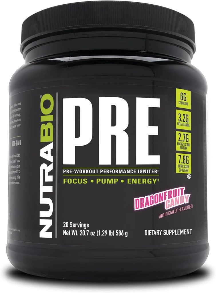 NutraBio PRE träningspulver - gammal formel-hållen energi, mental fokus, uthållighet - Beta Alanine, kreatin, koffein, elektrolyter - 20 portioner - Dragonfrukt Candy