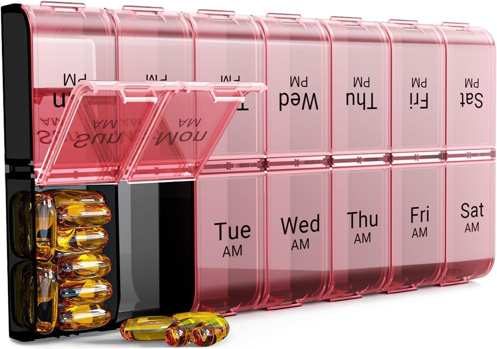 KOLORWING AM PM Extra Large Pill Organizer, XL 7 Day Pill Organizer 2 gånger om dagen, Weekly Daily Pill Case, Day Night Oversized Medicine Box, Vitamin Holder, Big Pill Container (Pink)