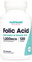 Nutricost Folic Acid för kvinnor (Vitamin B9) 1200 mcg, 120 kapslar, med B12 och Biotin, Veggie Caps, Non-GMO & Gluten Free