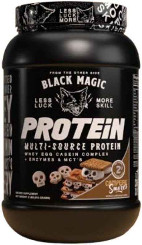 Worldwide Nutrition Bundle Kompatibel med Black Magic Protein Powder - Multi-Source Protein Whey, Egg & Casein Complex med Enzymes & MCT- 2LB Campfire Smores smak med Multi-Purpose Keychain