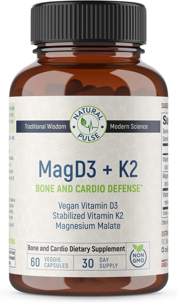 Magnesium Malate + Vegan Vitamin D3 + Stabiliserad Vitamin K2, komplett stödtillägg för cellulär energi, kardiovaskulär, immun och metabolisk hälsa och benstyrka, 90 Veggie Caps