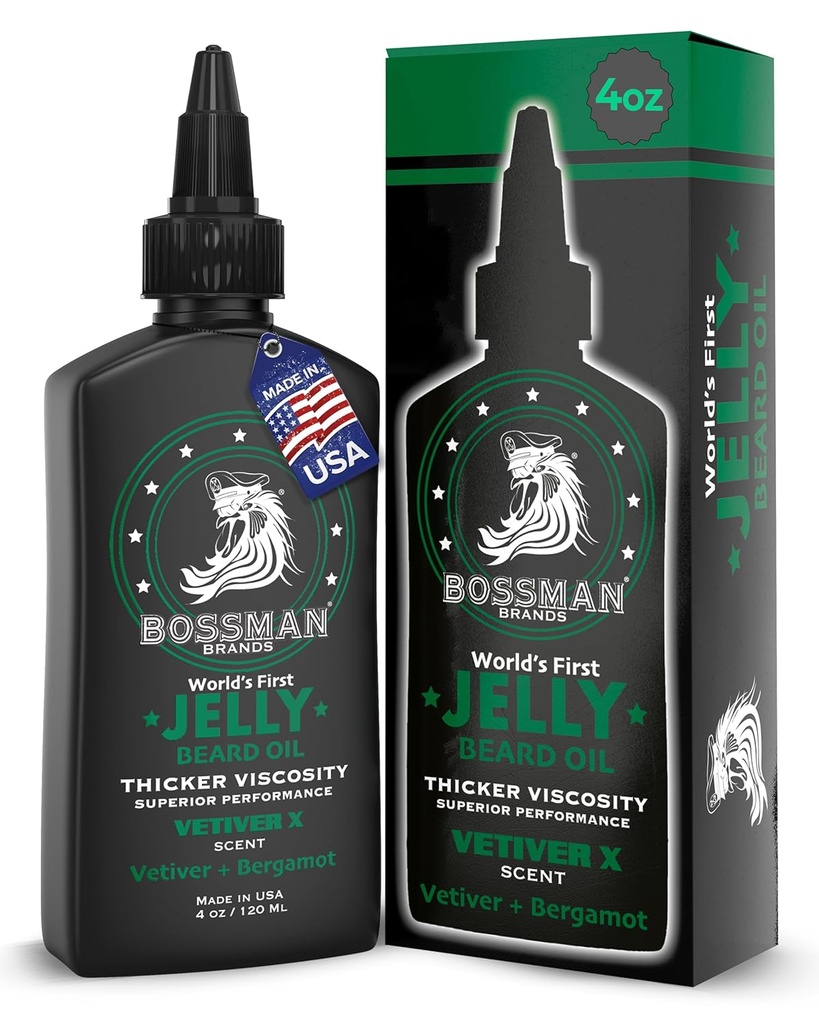Bossman Jelly Beard Oil för Män (4 oz, Vetiver X Scent) - Softens, Moisturizes & Conditions med naturliga ingredienser