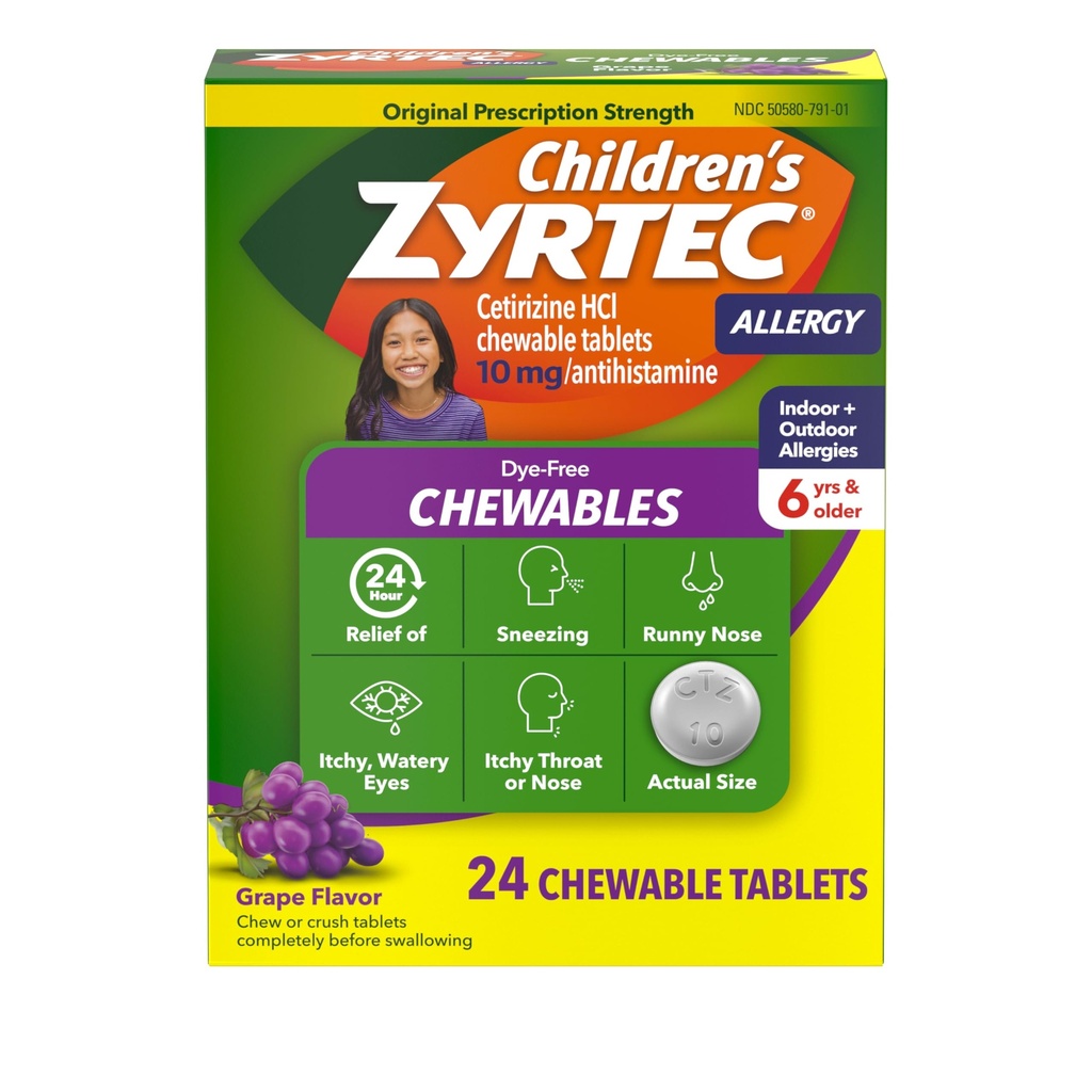Zyrtec Barnens Dye-Free Chewables för 24 timmars allergilindring, 10 mg Cetirizine Hydrochloride Antihistamine tabletter, Kids Allergy Medicine Relieves Sneezing & Itchy Throat, Grape, 24 ct
