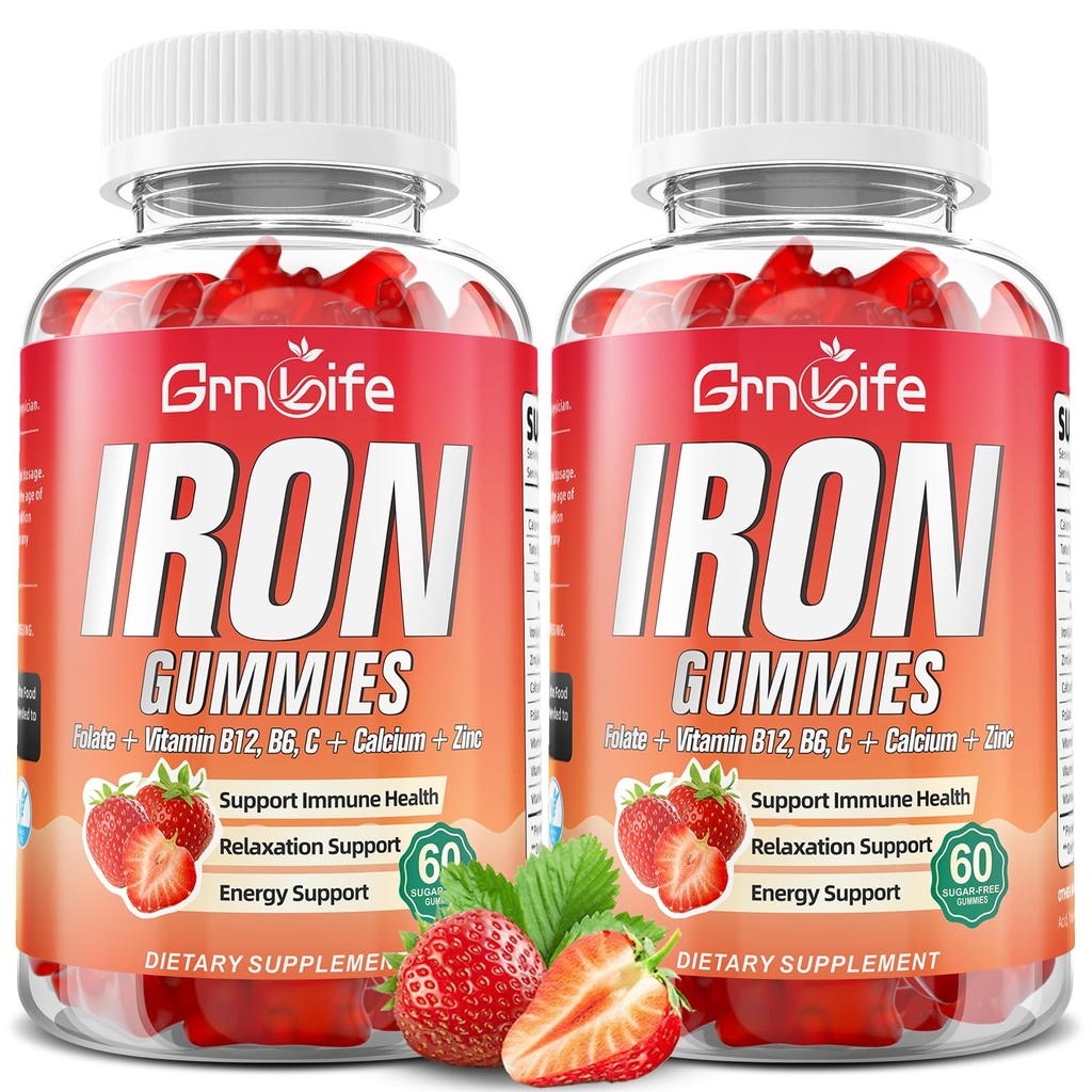 Järngummies för kvinnor, män och barn, sockerfri järntillskott med kalcium, Zink, folat och vitamin B12, C, B6 - för blodbyggnad och energistöd, Anemi, jordgubbar, 120 greve