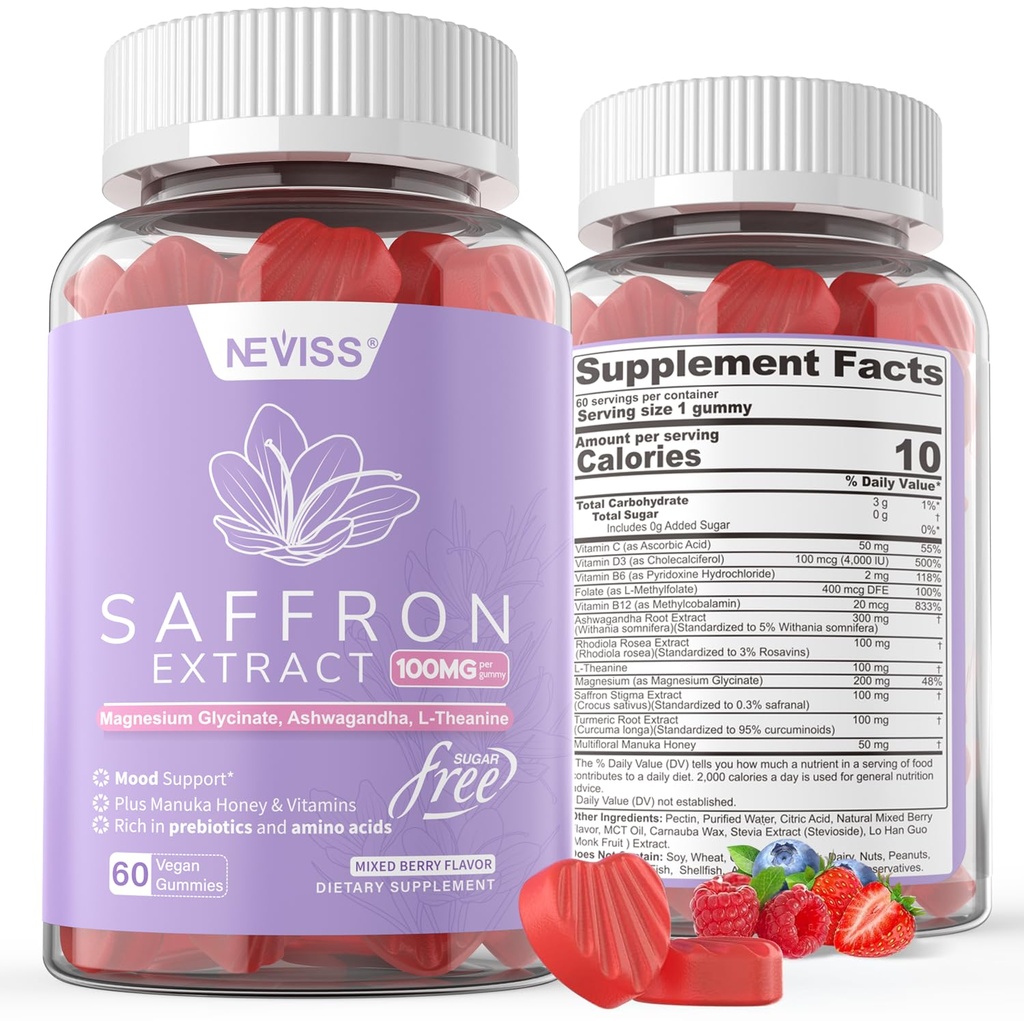Saffron Supplements Gummies 100mg - 100% Pure Saffron Extract med Magnesium Glycinate, L-Theanin, gurkmeja, Ashwagandha, Honung & Vitamin B Komplex för humör & kraft, Antioxidant, Vitalitet - 120 greve