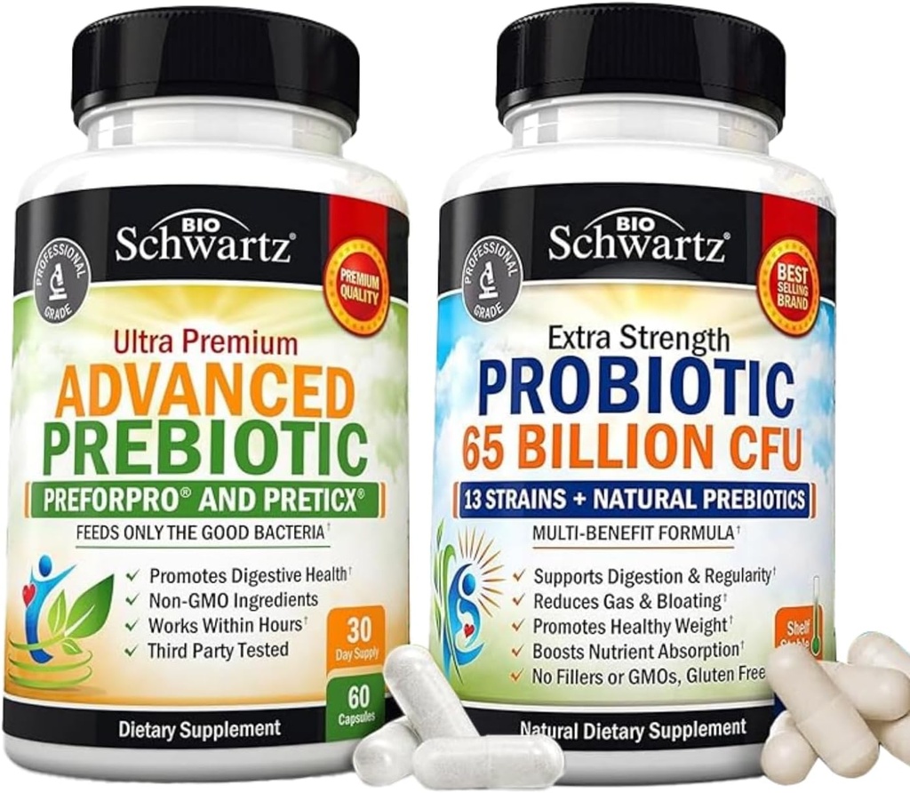 65 miljarder CFU Daily Probiotic Supplement (1 Month Supply) Plus Advanced Prebiotic Gut Health Supplement (1 Month Supply)