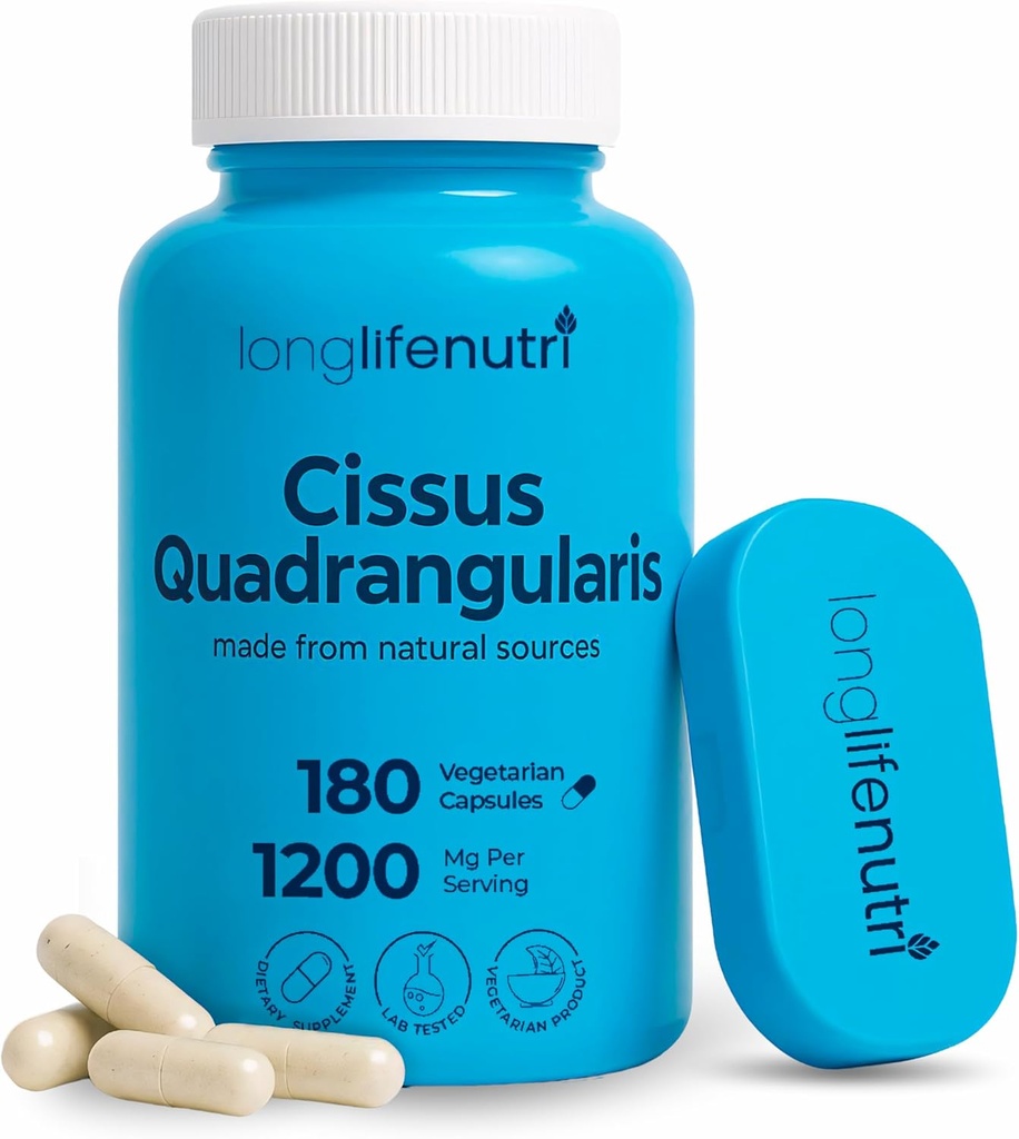 LongLifeNutri Cissus Quadrangularis 1200mg - 180 vegetariska kapslar, stamextrakt för gemensamt komfort, benstyrka och aktiv rörlighet, hög styrka Formel, 3-månaders leverans, GMP Certified, Made in USA