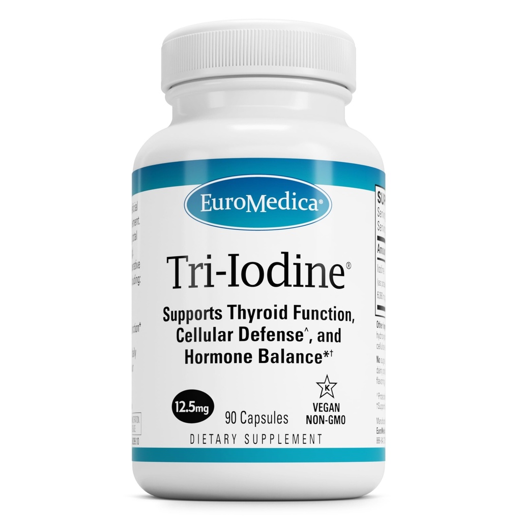 EuroMedica Tri-Iodine - Stöd för sköldkörtelhälsa - hjälper hormonbalans med molekylär jod från Kelp - Funktioner Kaliumjodid och natriumjodid - Brain & Energy Support - 12,5 mg, 90 kapslar