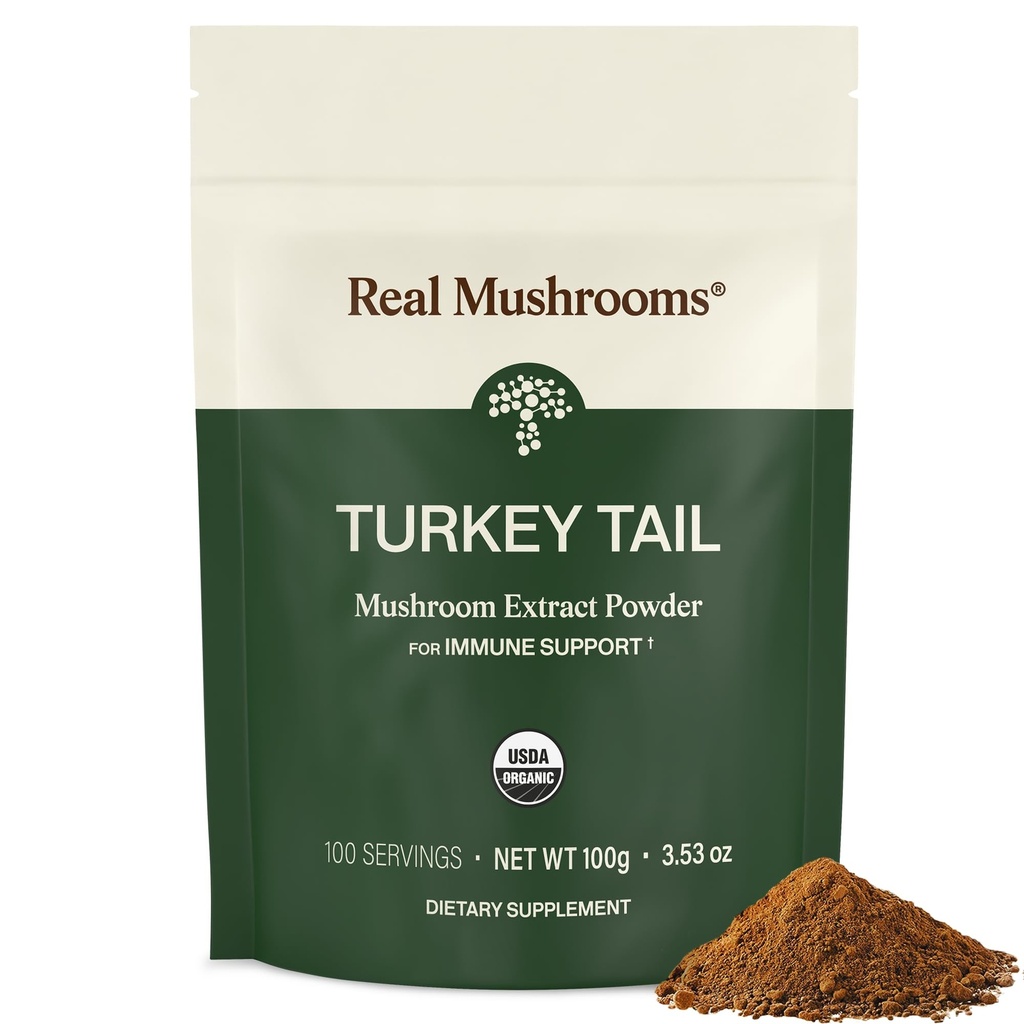 Real Mushrooms Turkiet Tail Mushroom Powder - Organic Turkey Tail Extract från - för Wellness, Gut Harmony, & Energy Support - Vegan, Non-GMO, Inga fillers - 100 portioner Funktionell Supplement