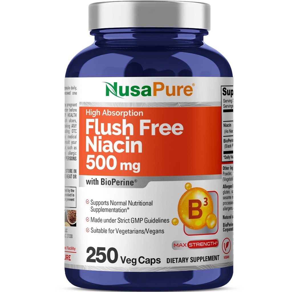NusaPure Flush Free Niacin 500mg 250 caps (Vegan,Non-GMO & Vegan) Bioperin