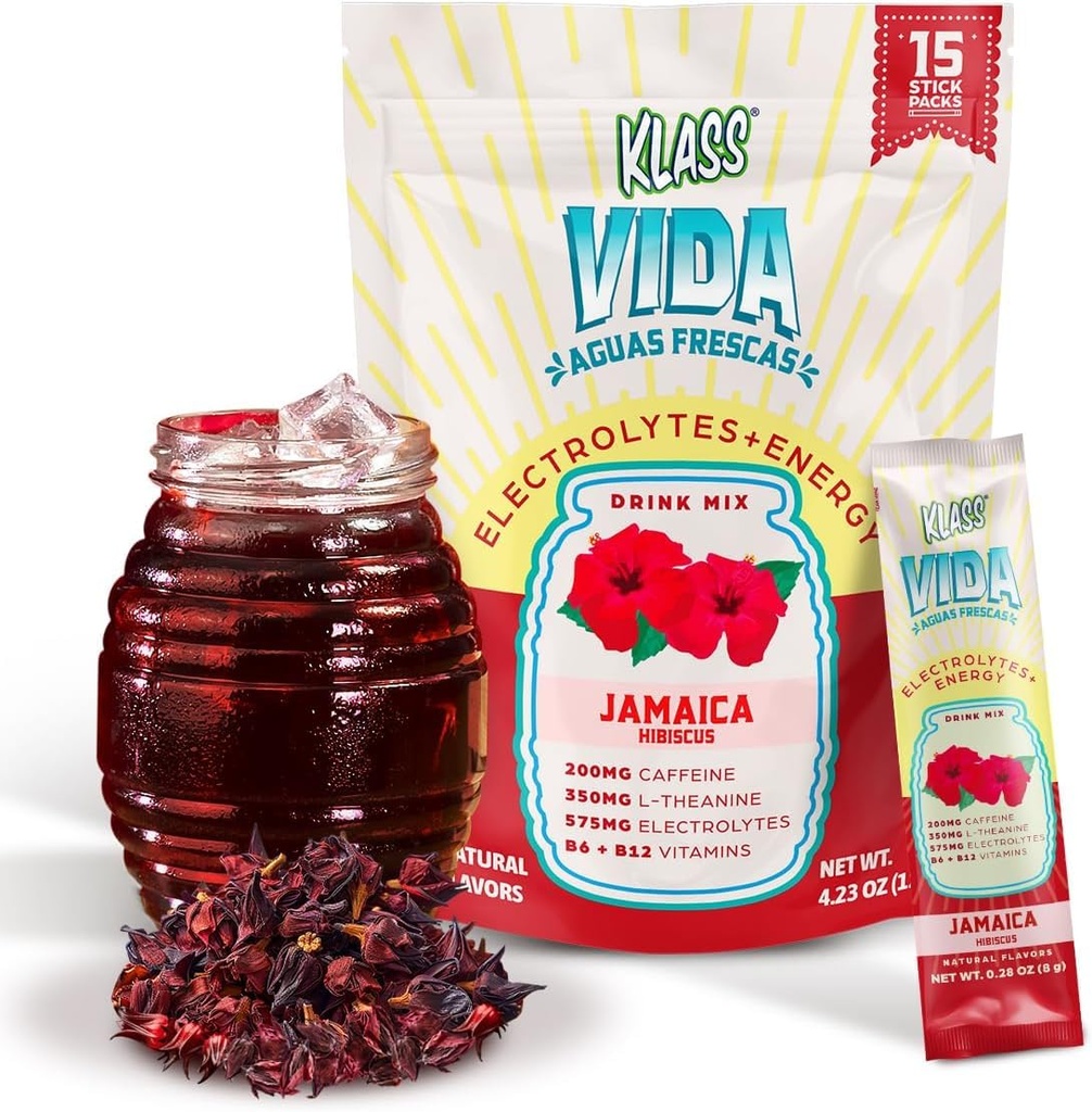 Hydration + Energy Electrolyte Drink Mix - Hibiscus Agua Fresca Flavor | Sugar-Free Powder med koffein, L-Theanin, Coconut Water & Minerals | 15 Single-Serve Stick Packs, Låg Kalori