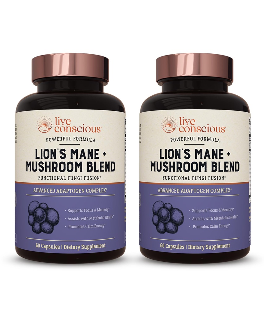 Live Conscious Lions Mane Mushroom Supplement Capsules for Brain Support w/Lion's Mane, Cordyceps, Reishi, and Turkey Tail Mushrooms - Cognitive Memory Supplement for Brain (2-Pack)